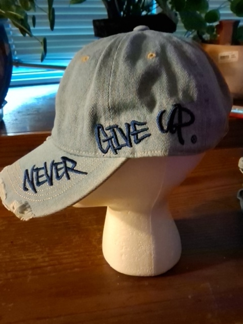 Light Blue 'Never Give Up' Embroidered Baseball Cap